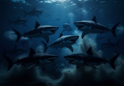 Shark Frenzy Slots game thumbnail with dramatic shark silhouettes in deep blue water